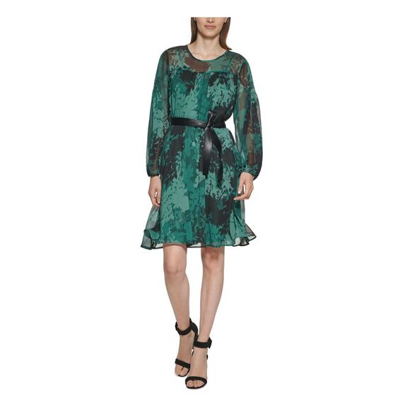NWT CALVIN KLEIN Womens Green Long Sleeve Above The Knee A-Line Dress 14 - Picture 1 of 5